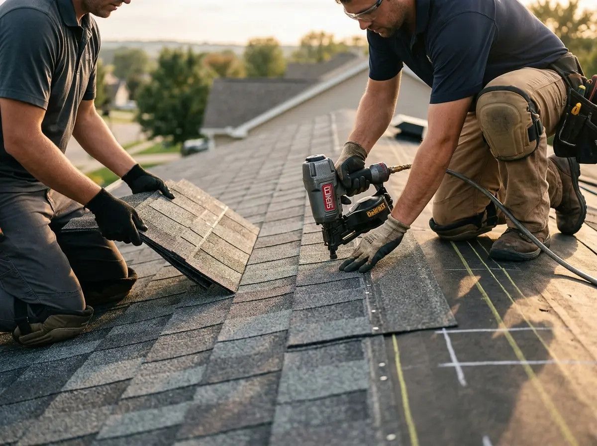 Professional roofer working on a residential roof in Hutchison